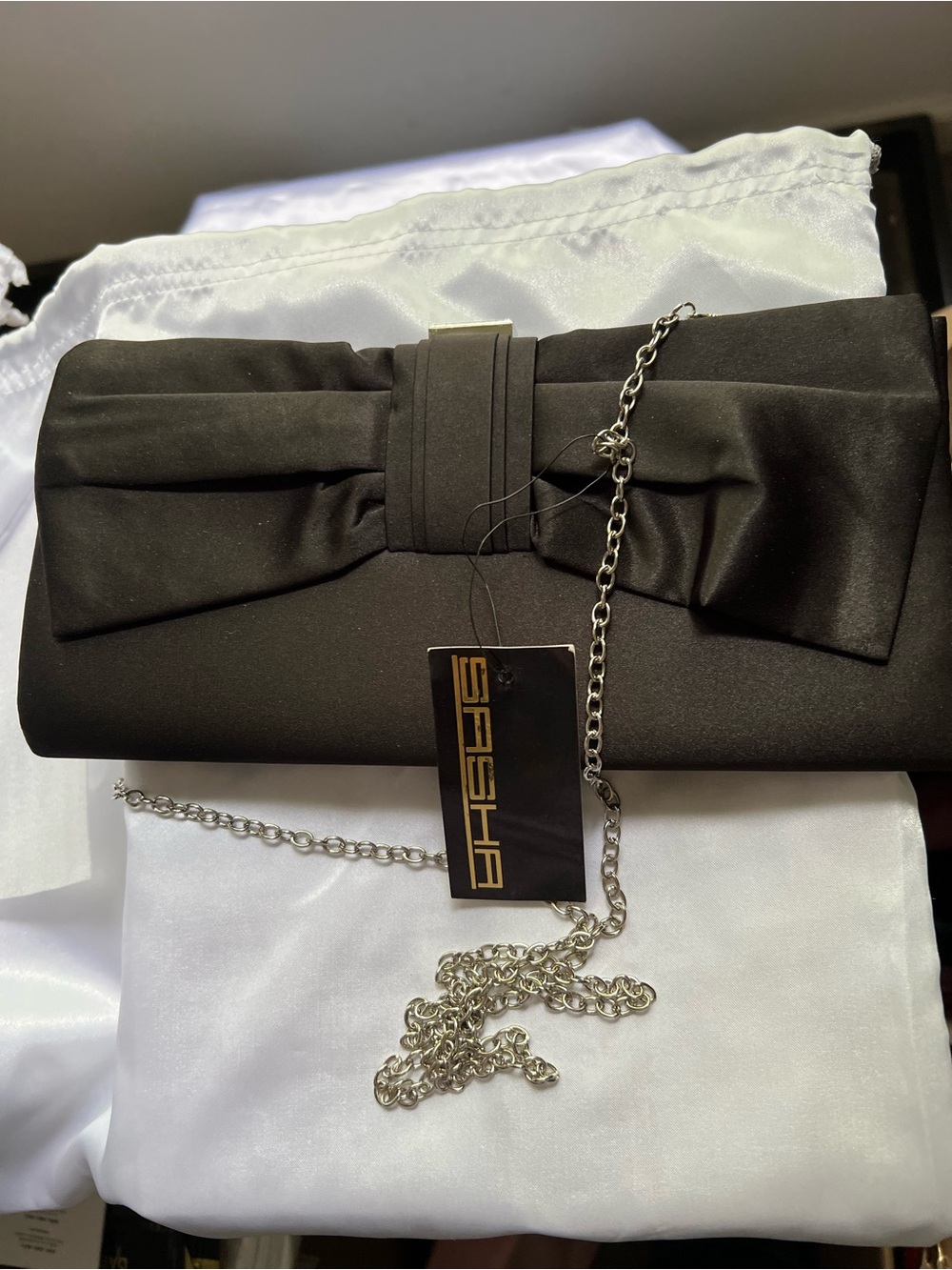 Sasha Black Satin Bow Clutch with Removable Chain